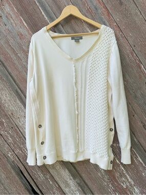 Natural Reflections XL Ivory Cotton Cable Knit V Neck Side Button Sweater
